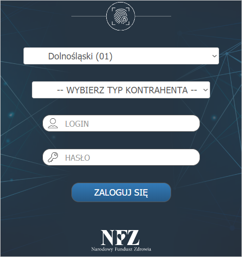 Okno logowania dla świadczeniodawców OW NFZ: Dolnośląskiego, Lubuskiego, Łódzkiego, Małopolskiego, Opolskiego, Podkarpackiego, Pomorskiego, Śląskiego 
